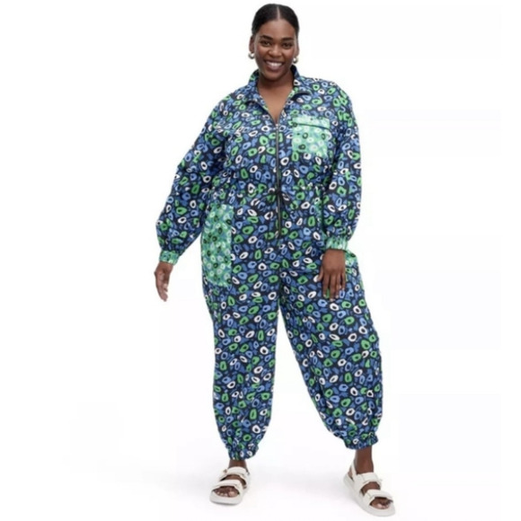 Diane Von Furstenberg Target Blue Green Nylon Jazz Dot Zip Up Jumpsuit 3X NWT - Picture 2 of 7